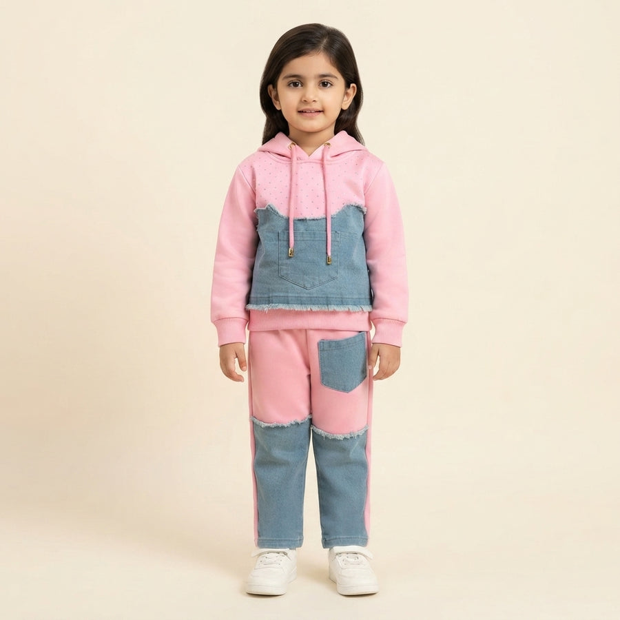 Girls Pink & Denim Patchwork 2-Piece Hoodie Set