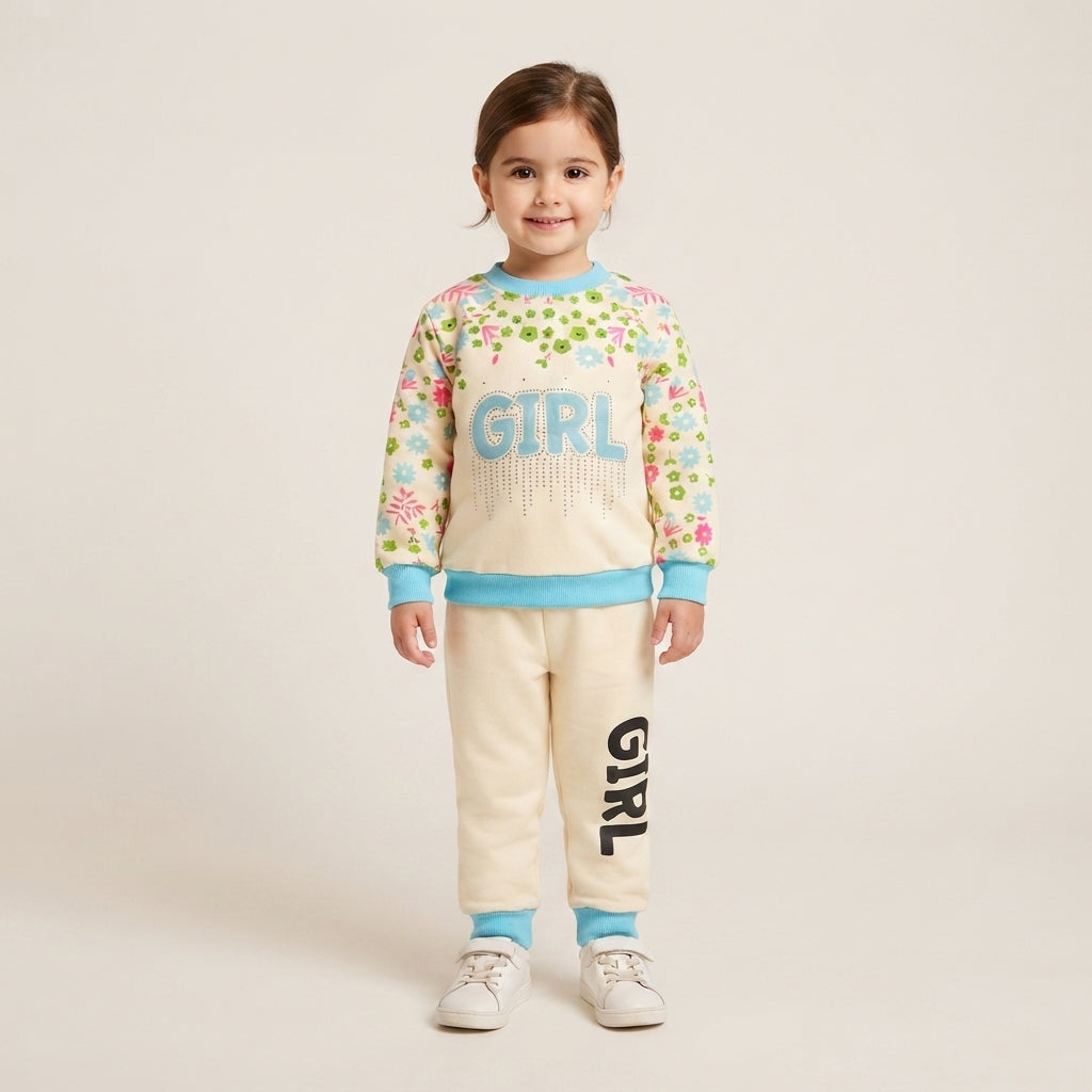Girls 2 Piece Fleece Sky Blue Suit | Warm Winter Outfit
