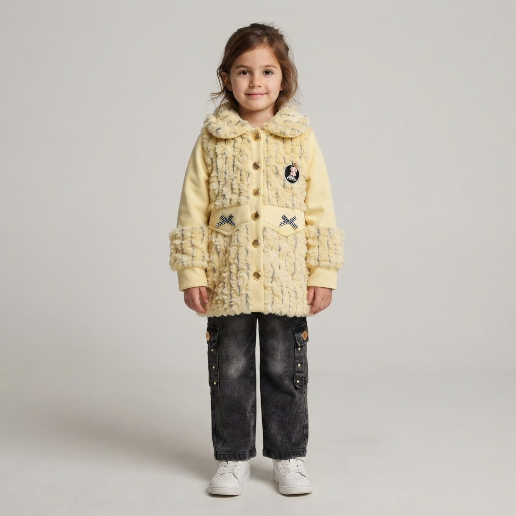 Chic Girls' Pale Yellow Faux-Fur with Dark Grey Jeans — Photo 2