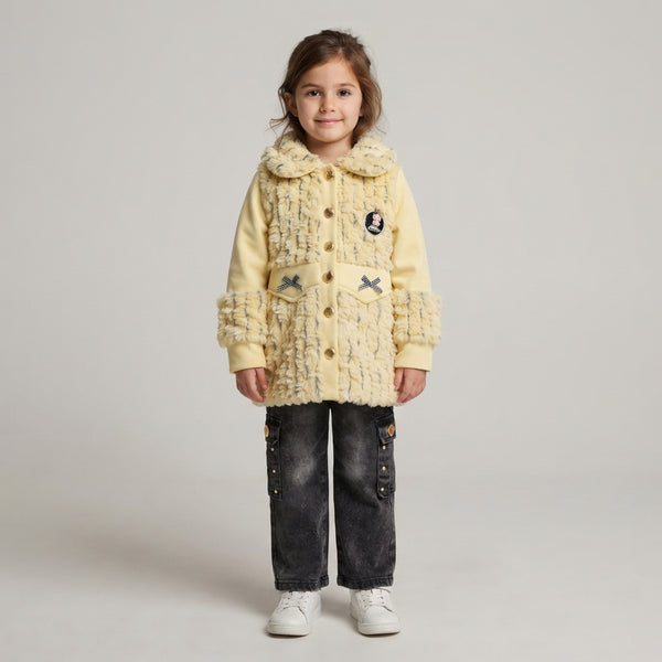 Chic Girls' Pale Yellow Faux-Fur with Dark Grey Jeans — Photo 2