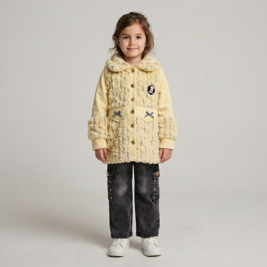 Chic Girls' Pale Yellow Faux-Fur with Dark Grey Jeans — Photo 2