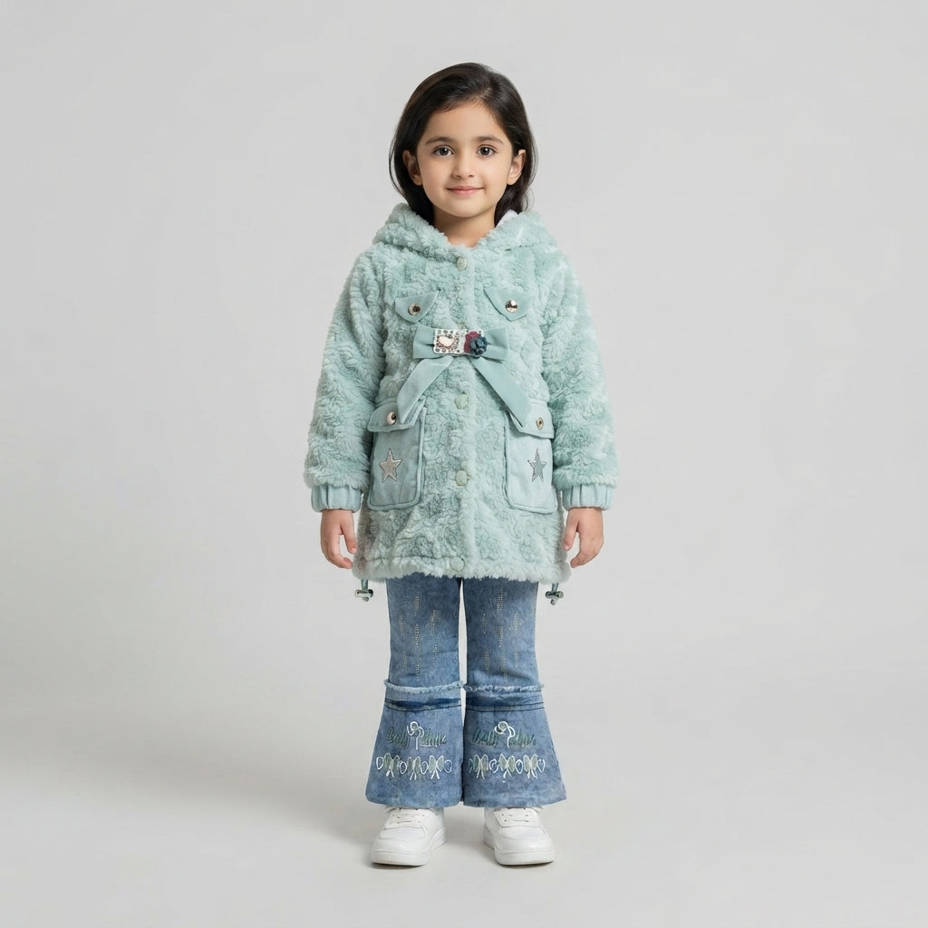 Mint Green Fluffy Fur Coat and Embroidered Flare Jeans Set