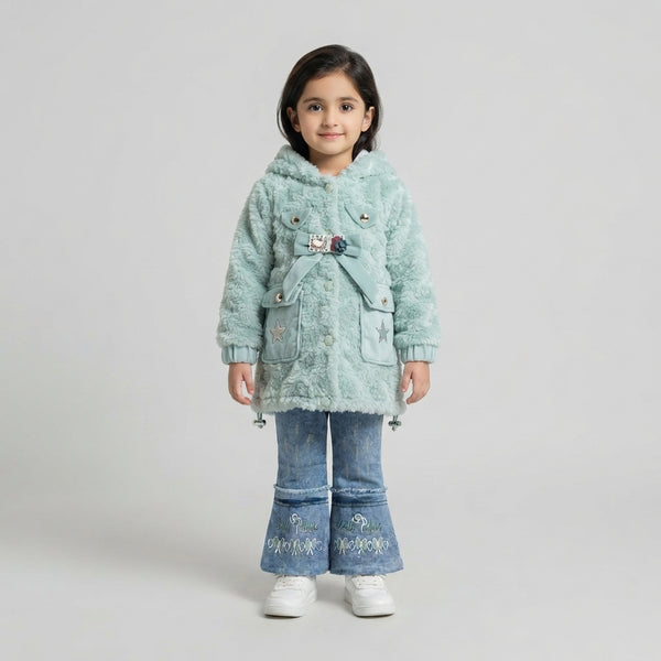 Mint Green Fluffy Fur Coat and Embroidered Flare Jeans Set