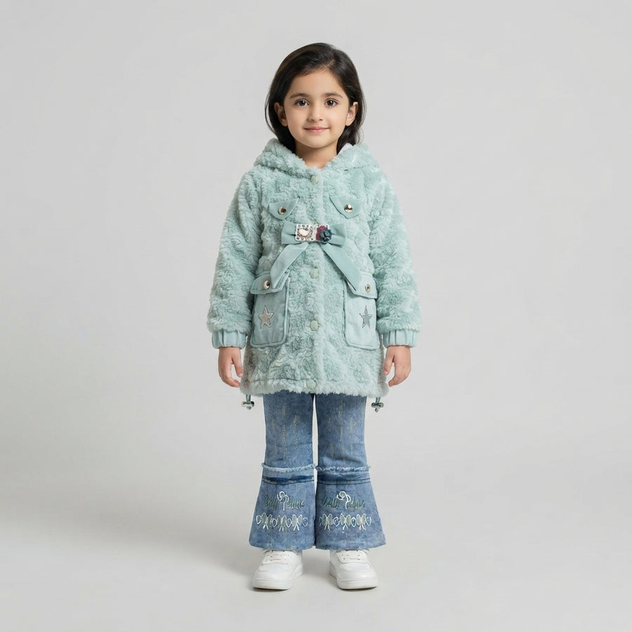 Mint Green Fluffy Fur Coat and Embroidered Flare Jeans Set