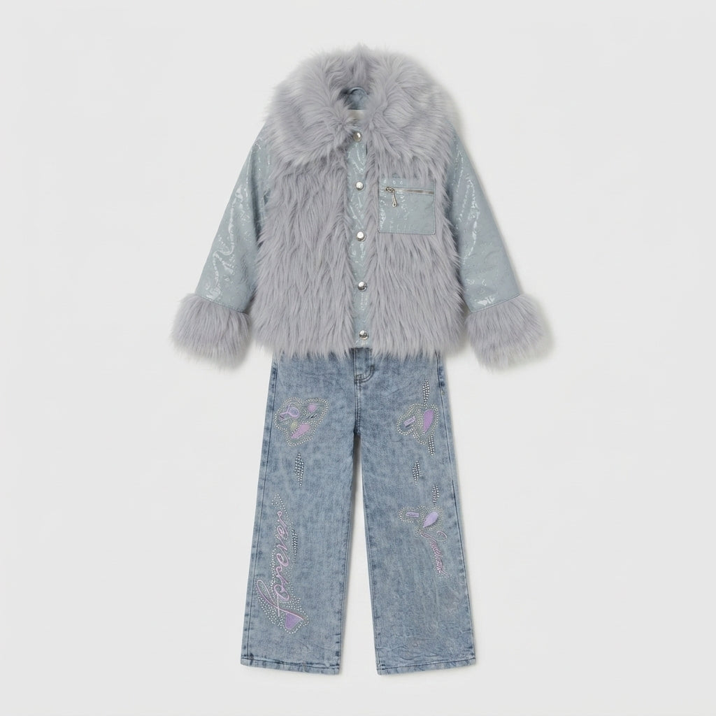 Girls Grey Faux Fur Jacket Set — Photo 2