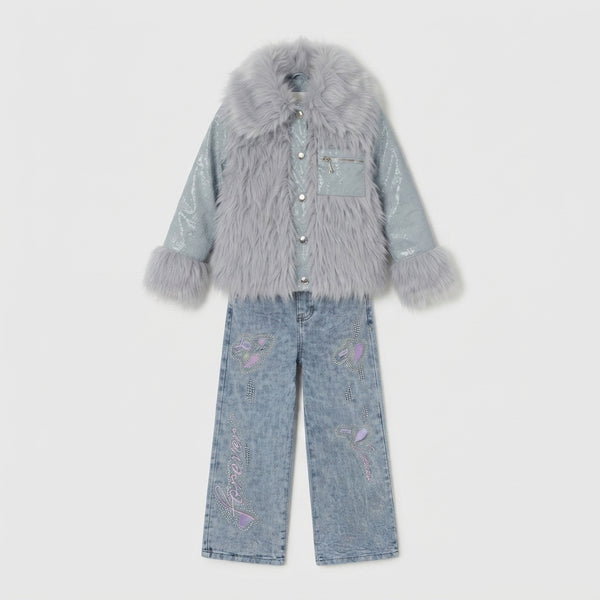 Girls Grey Faux Fur Jacket Set — Photo 2
