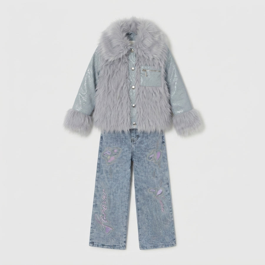 Girls Grey Faux Fur Jacket Set — Photo 2