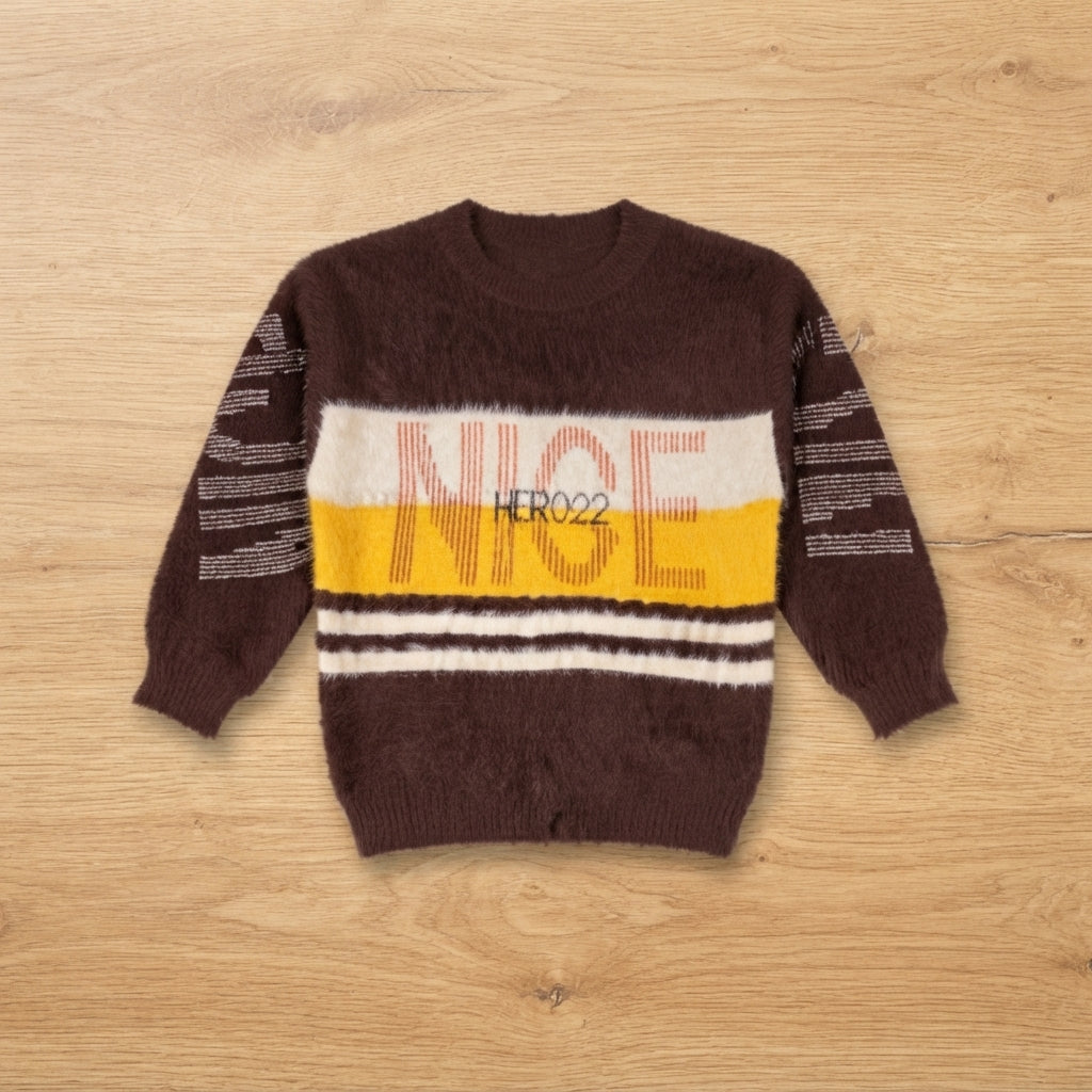 Kids Brown & Yellow "NICE HERO022" Striped Fluffy Woolen Sweater