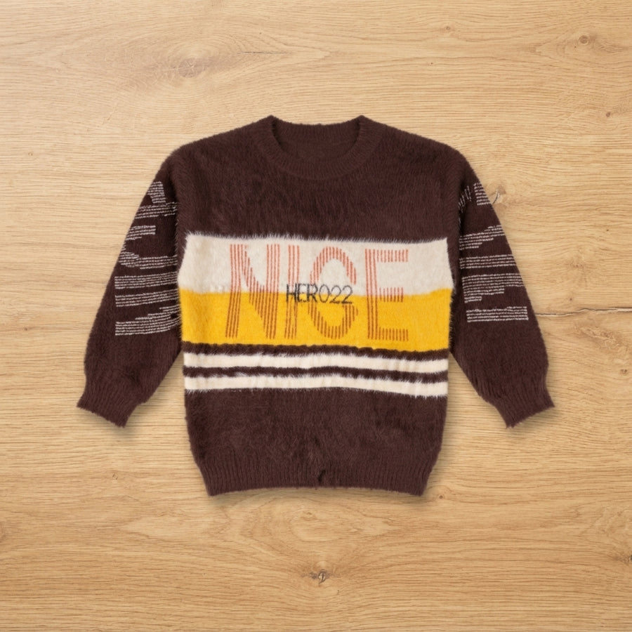 Kids Brown & Yellow "NICE HERO022" Striped Fluffy Woolen Sweater