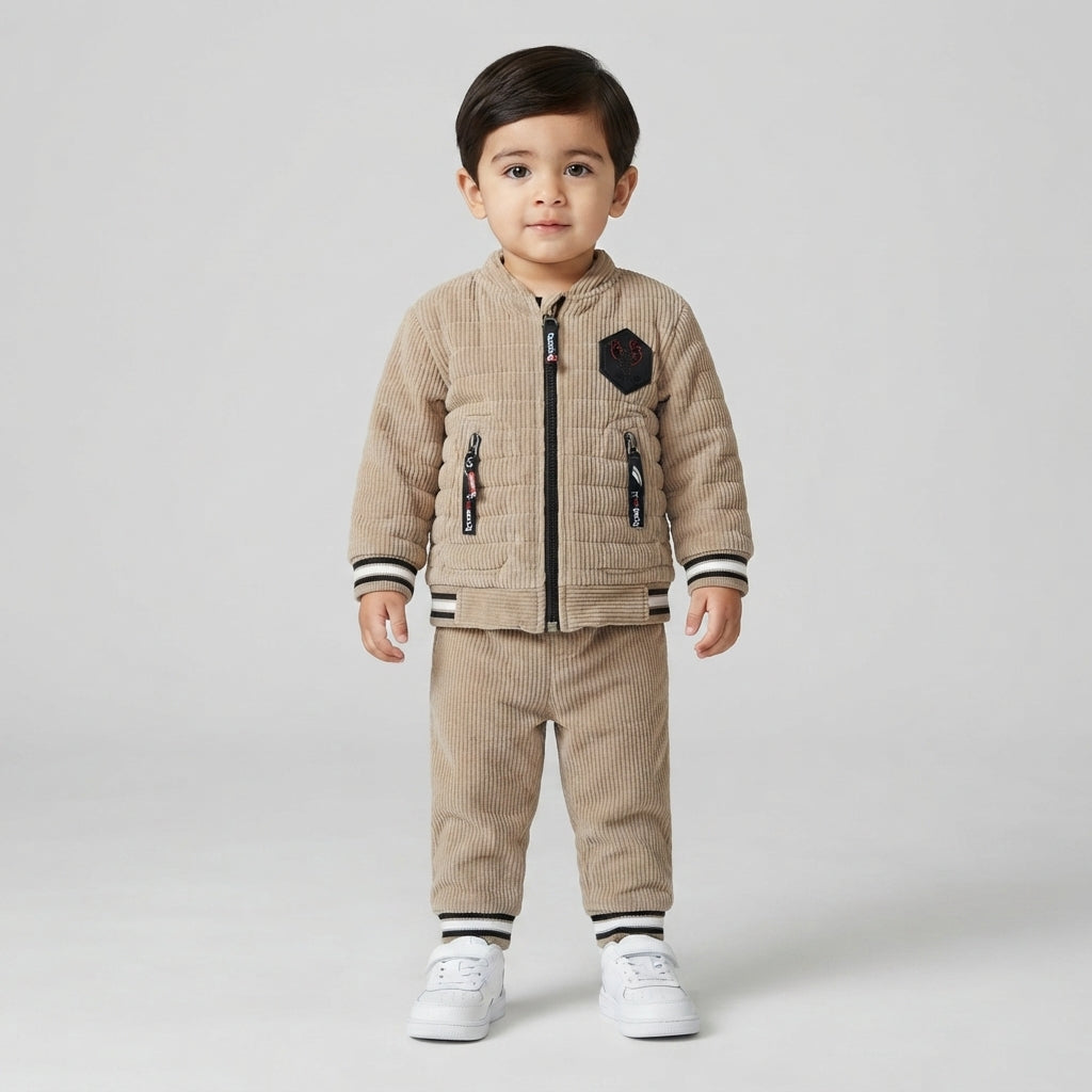 Boys Corduroy Zipper Jacket & Tracksuit Set – Beige Winter Outfit for Toddlers