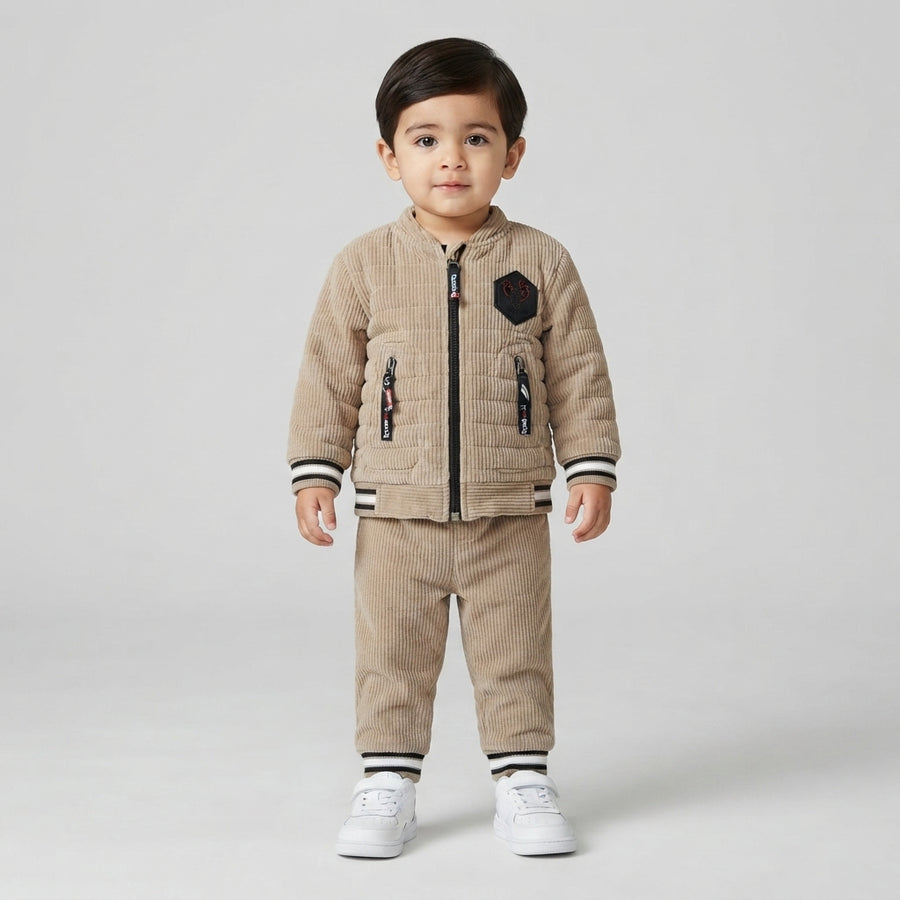Boys Corduroy Zipper Jacket & Tracksuit Set – Beige Winter Outfit for Toddlers
