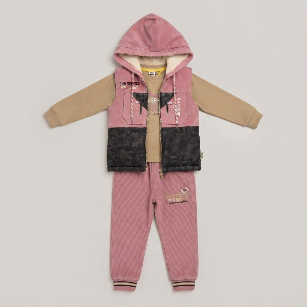 Boys Pink & Brown Hooded Vest Winter Outfit Set