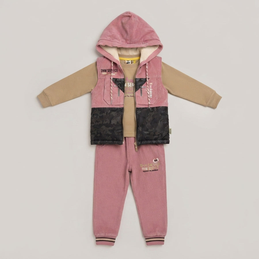 Boys Pink & Brown Hooded Vest Winter Outfit Set