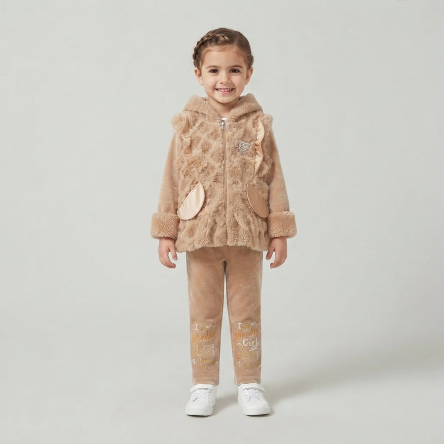 Kids' Plush Velvet 3 Piece Winter Tracksuit with Faux Fur Vest and Hoodie
