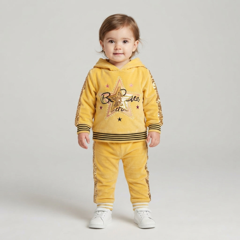 Girls Yellow Sequin Star Velvet Set