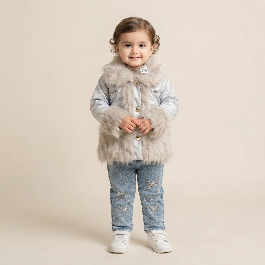 Girls Winter Faux Fur Jacket & Butterfly Embroidered Jeans Set