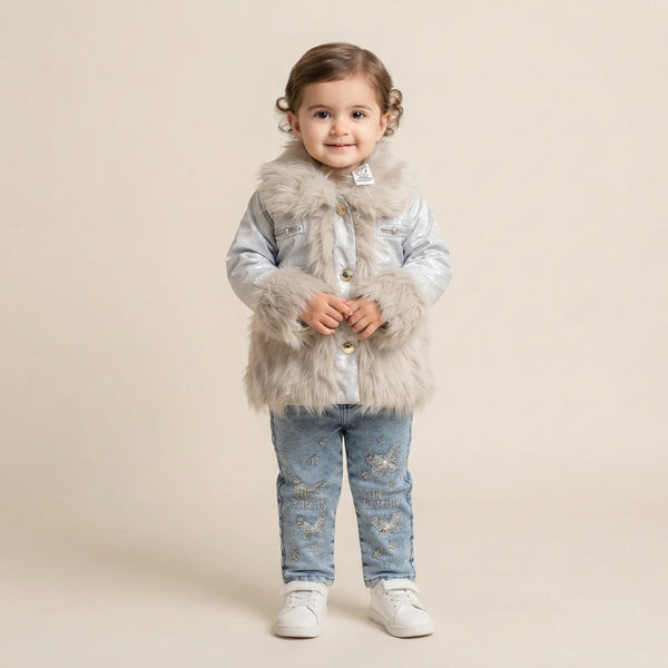 Girls Winter Faux Fur Jacket & Butterfly Embroidered Jeans Set