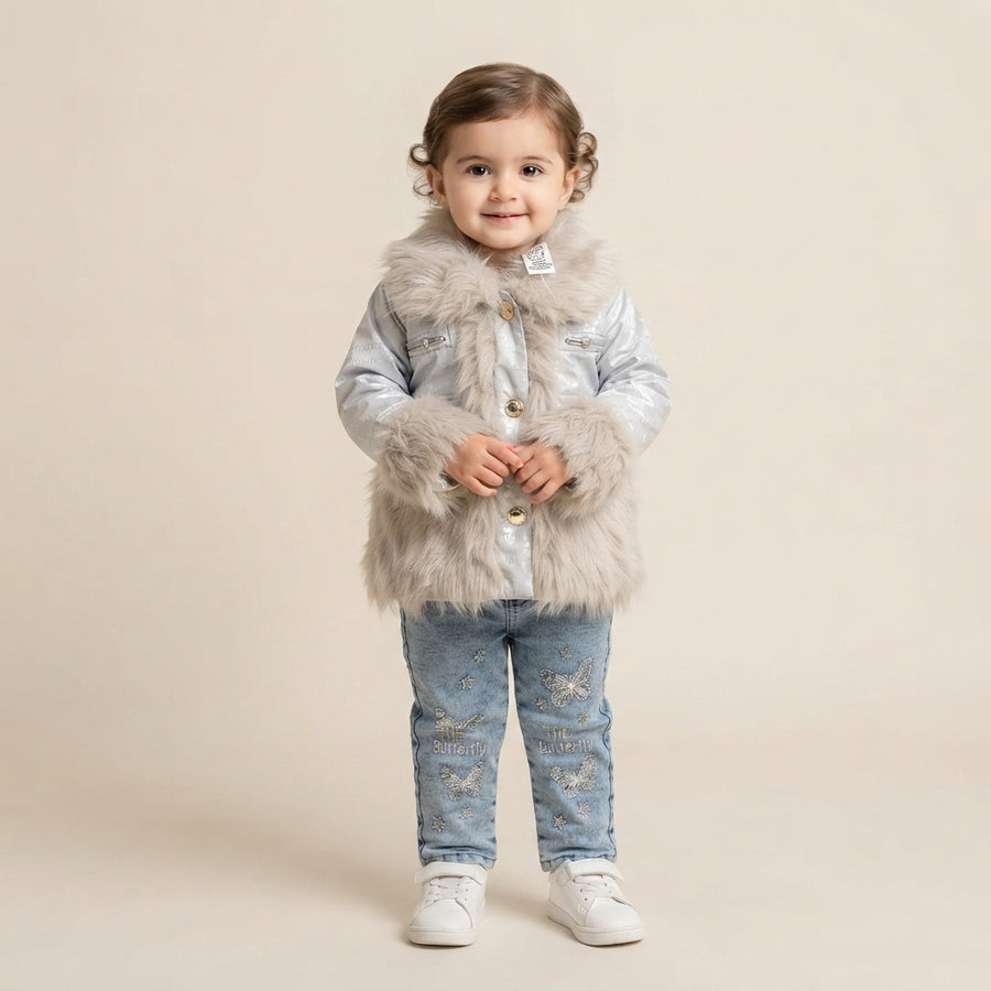 Girls Winter Faux Fur Jacket & Butterfly Embroidered Jeans Set