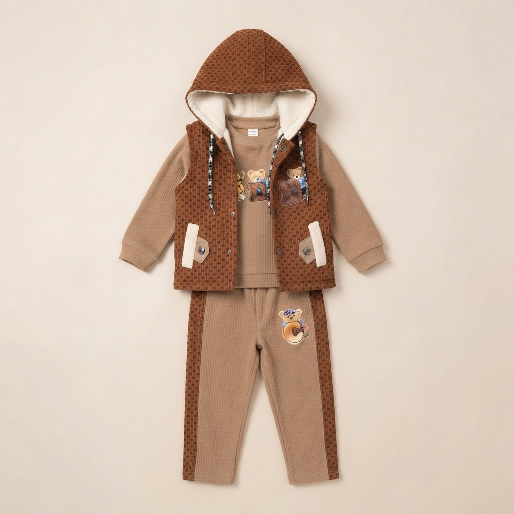Boys Brown Teddy Bear Winter Hoodie &amp; Jogger Set