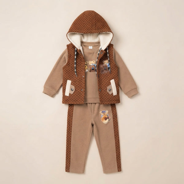 Boys Brown Teddy Bear Winter Hoodie &amp; Jogger Set
