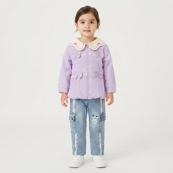 Girls' Purple Bow Jacket and Patterned Denim Cargo Pants Set