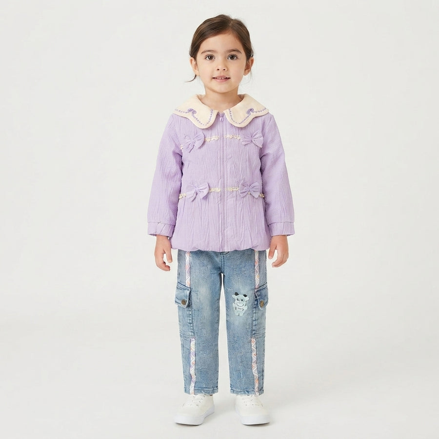 Girls' Purple Bow Jacket and Patterned Denim Cargo Pants Set