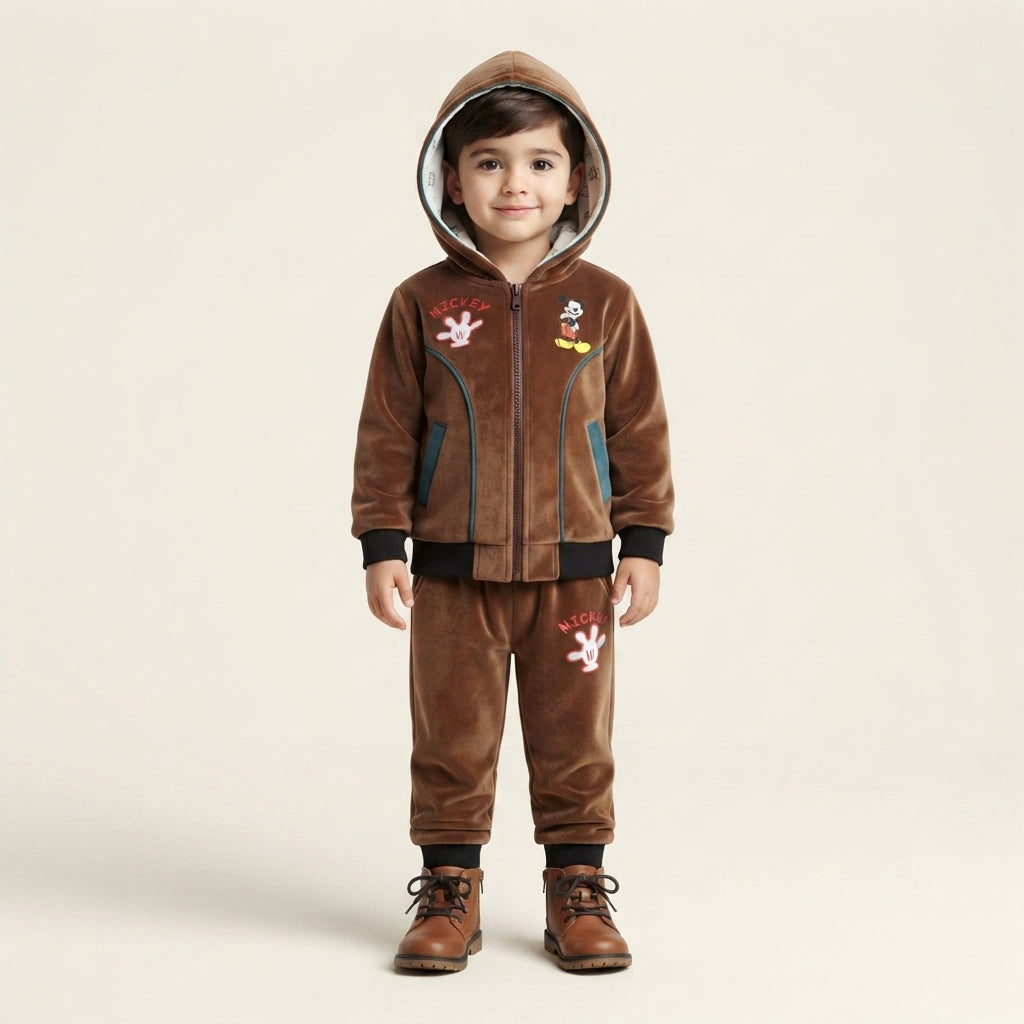 Boys Brown Mickey Mouse Velour Hooded 2-Piece Tracksuit Set
