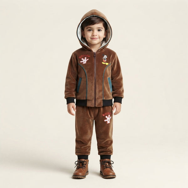 Boys Brown Mickey Mouse Velour Hooded 2-Piece Tracksuit Set