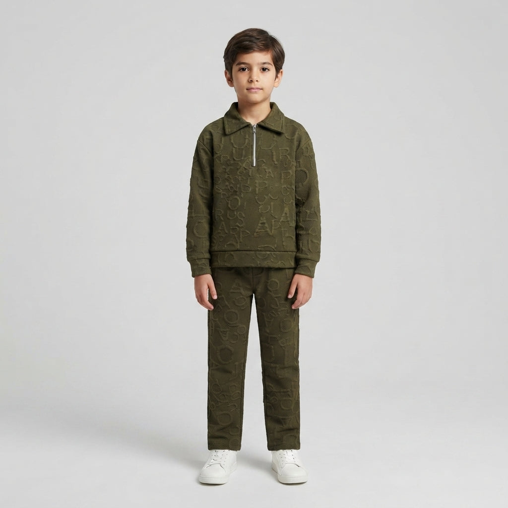 Boys Olive Embossed Half-Zip Tracksuit | Iqra Garments