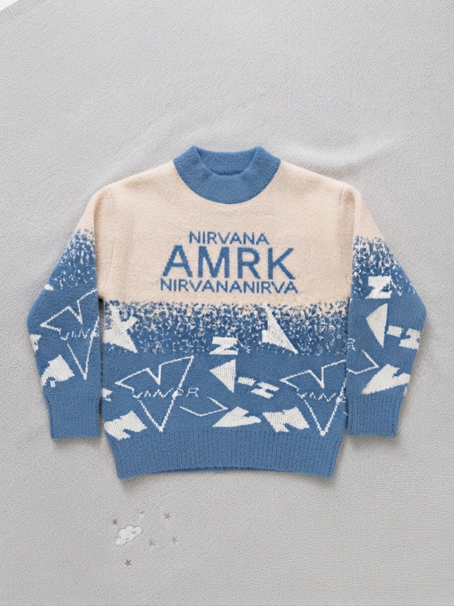 Kids Blue & Cream Fluffy Rabbit Wool Sweater — Photo 2