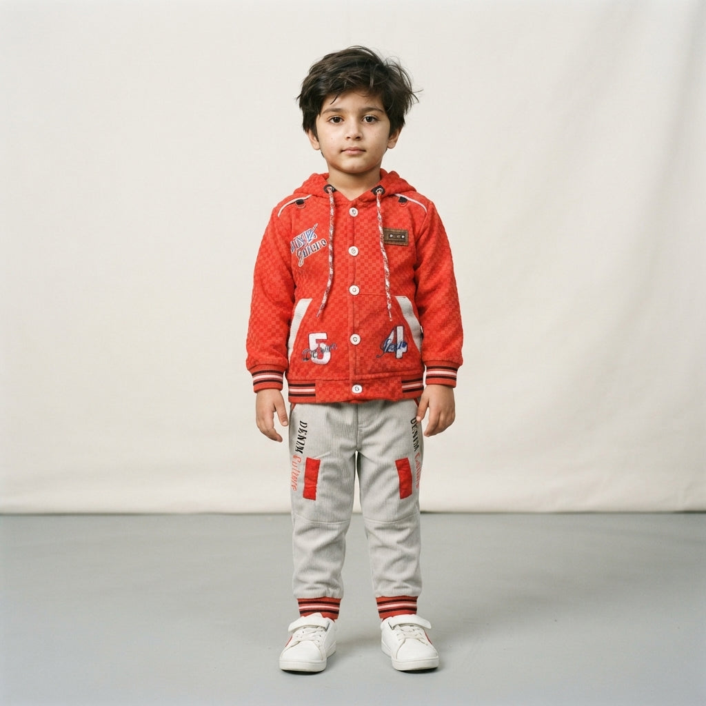 Boys Red Textured Hoodie with Grey Trouser Set | Kids Winter Outfit – Iqra Garments