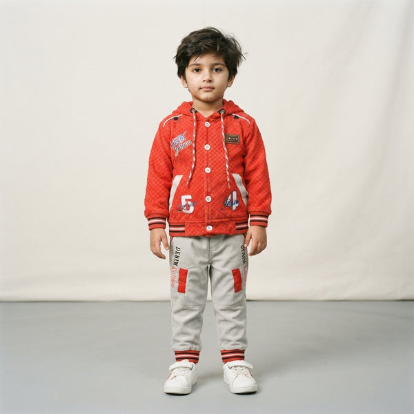 Boys Red Textured Hoodie with Grey Trouser Set | Kids Winter Outfit – Iqra Garments