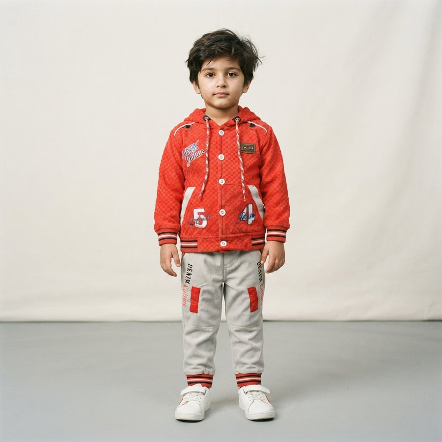 Boys Red Textured Hoodie with Grey Trouser Set | Kids Winter Outfit – Iqra Garments