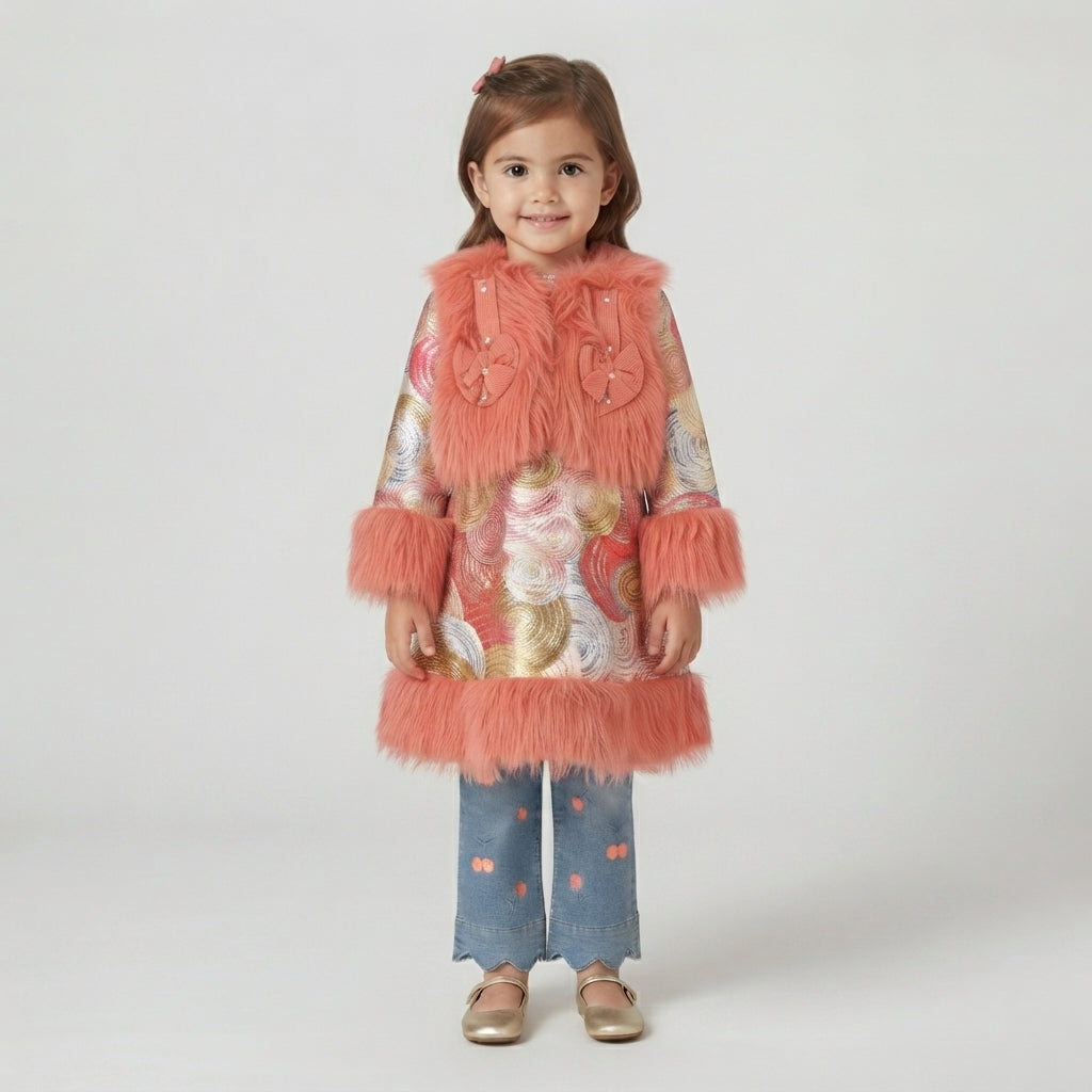 Designer Peach Fur-Trimmed Swirl Tunic with Cherry Embroidered Flared Jeans Set for Girls