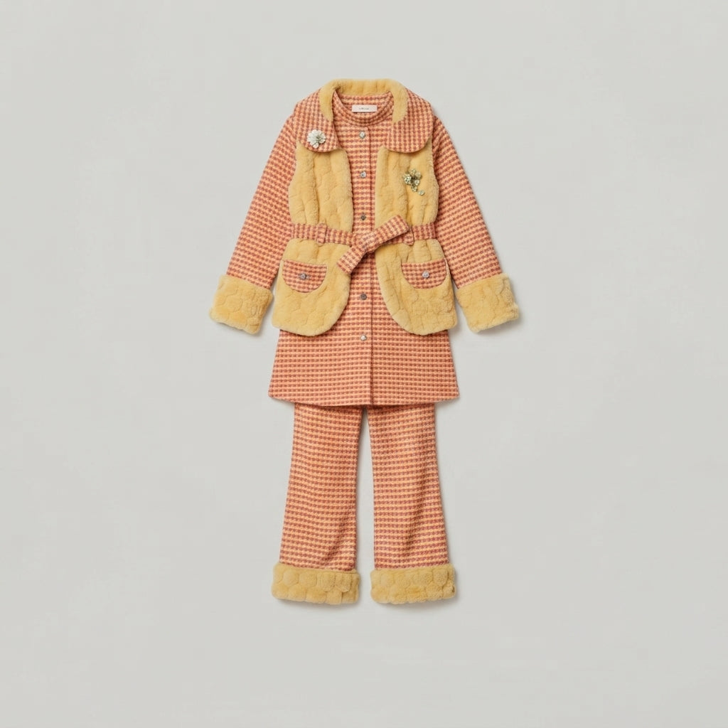Girls' Checkered Tweed Suit with Faux-Fur Trim — Photo 2