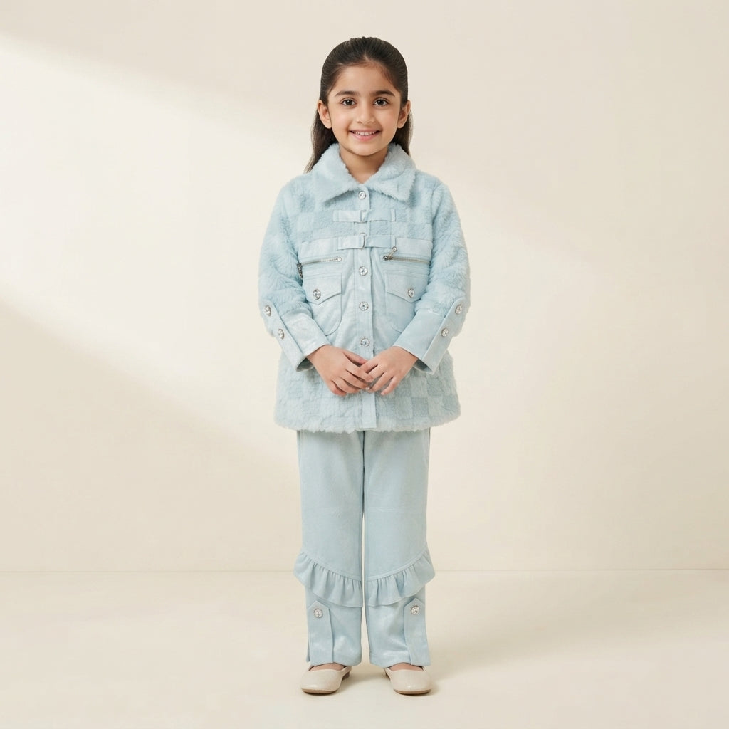 Cozy Blue Faux-Fur Jacket and Ruffled Trouser Set – Winter Chic Wear for Girls