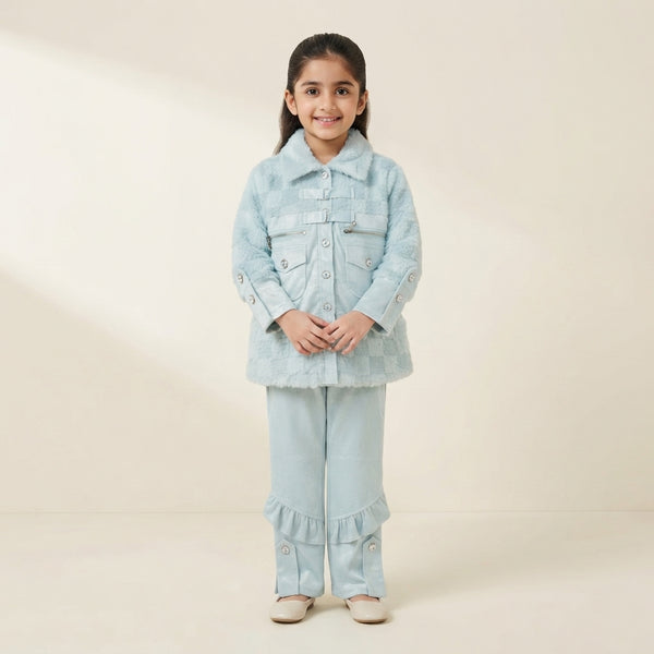 Cozy Blue Faux-Fur Jacket and Ruffled Trouser Set – Winter Chic Wear for Girls