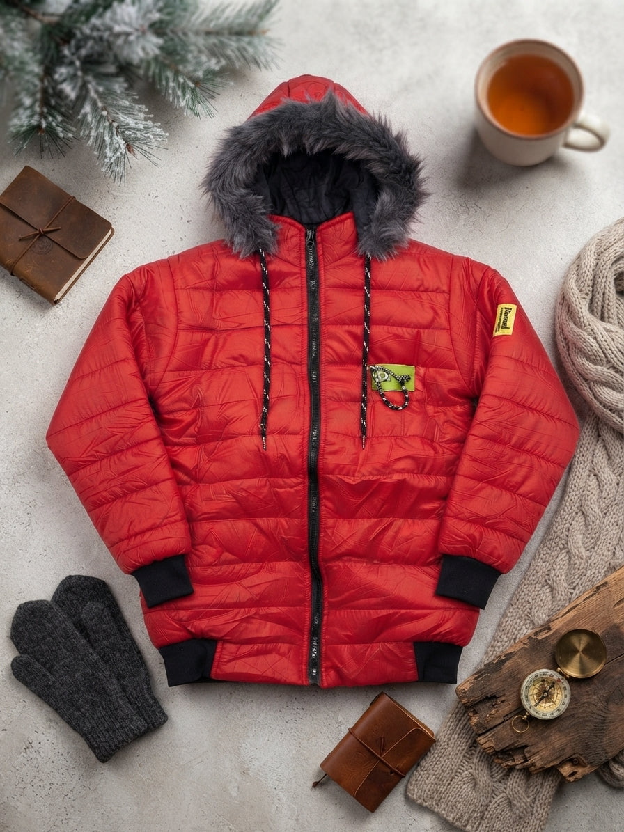 Vibrant Red Hooded Winter Puffer Jacket Flat Lay with Cozy Props
