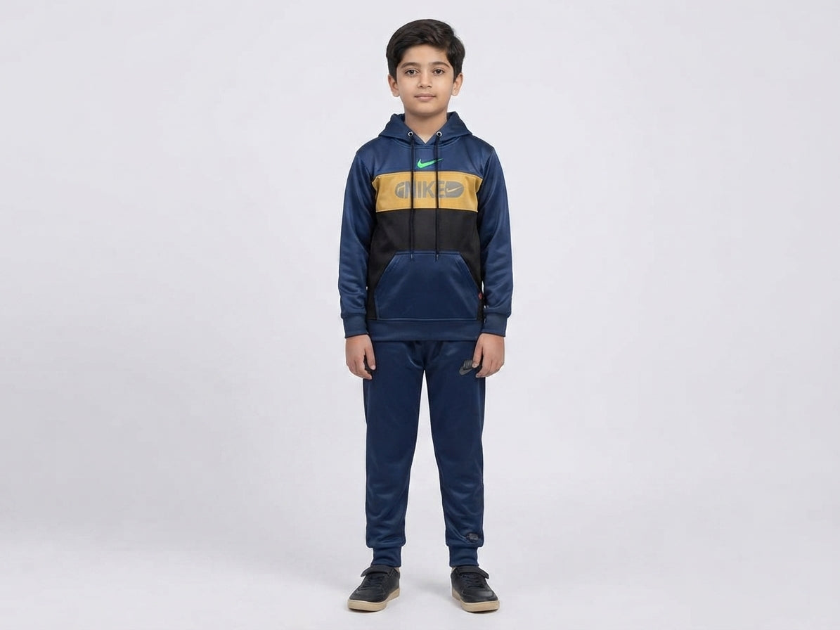 Boys Blue Black & Mustard Hooded Winter Tracksuit