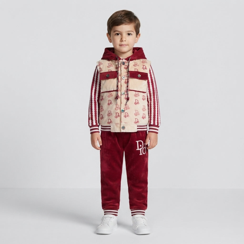 Kids Boys Stylish 3-Piece Velvet Hooded Vest, Striped Shirt & Trouser Outfit
