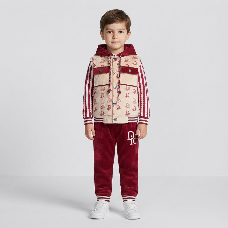 Kids Boys Stylish 3-Piece Velvet Hooded Vest, Striped Shirt & Trouser Outfit