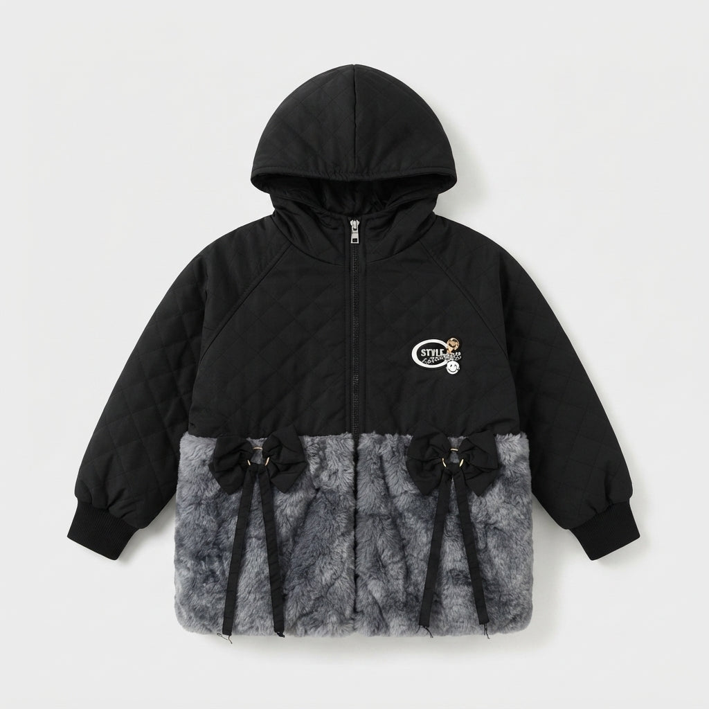 Girls Black Quilted & Faux Fur Jacket