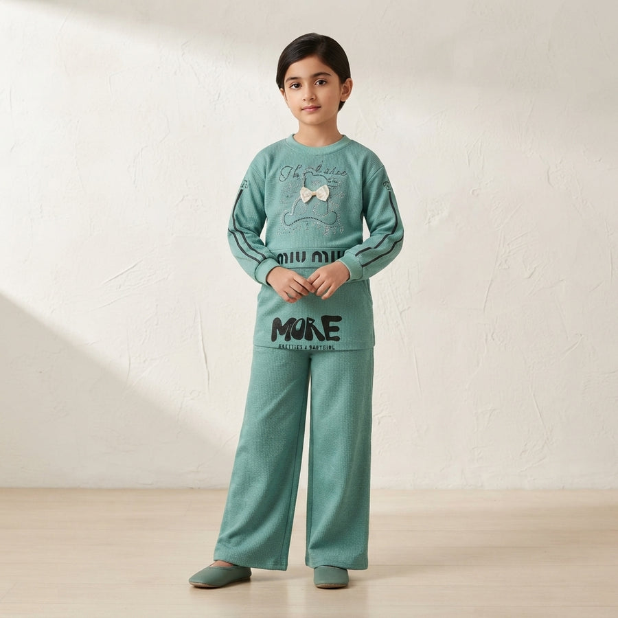 Mint Green Textured Co-Ord Set with Graphic Details for Girls