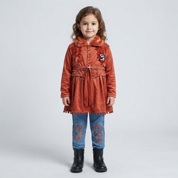 Girls Rust Corduroy Tunic & Embroidered Denim Jeans Set