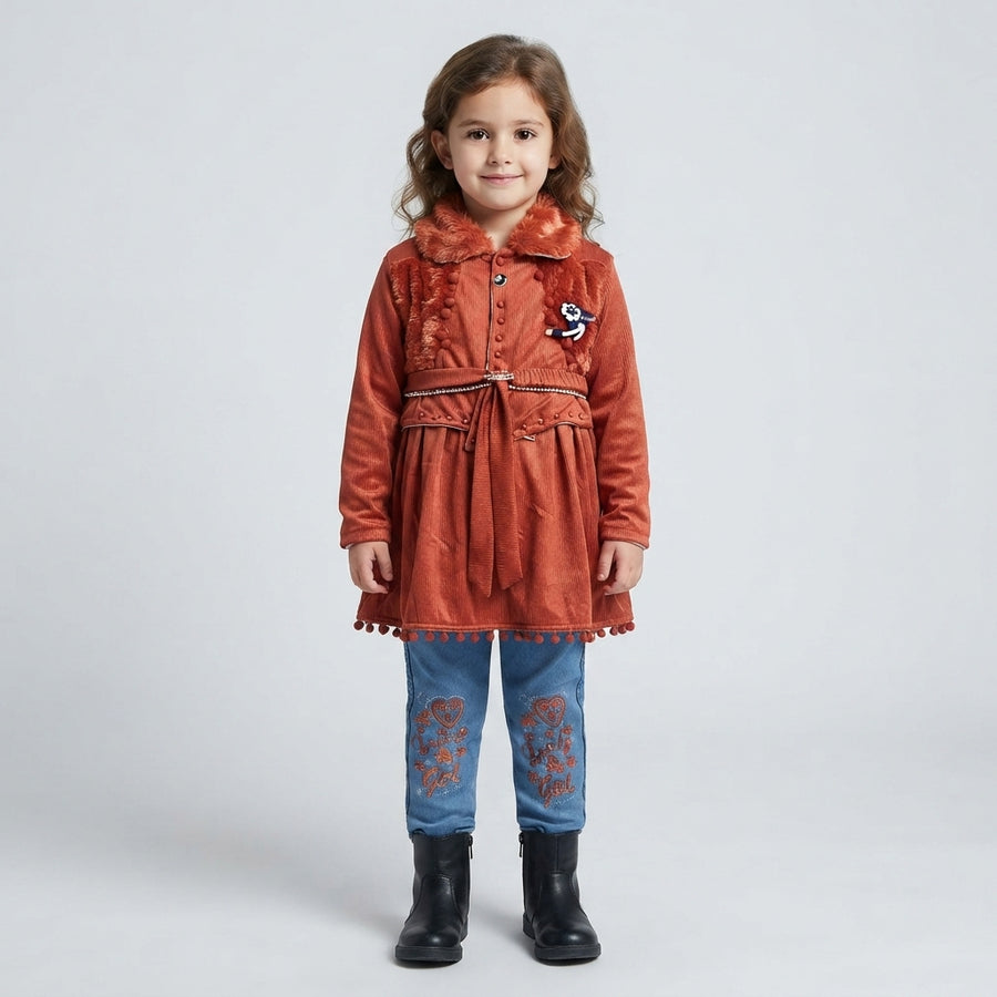 Girls Rust Corduroy Tunic & Embroidered Denim Jeans Set