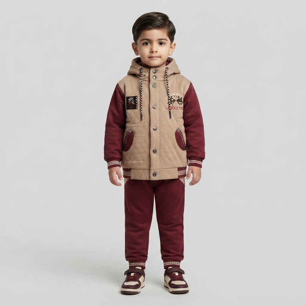 Boys Maroon and Beige Quilted Hooded 2-Piece Tracksuit Set