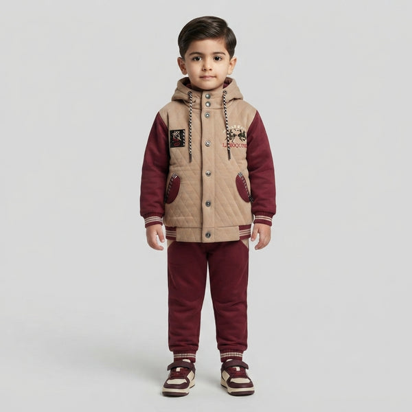 Boys Maroon and Beige Quilted Hooded 2-Piece Tracksuit Set
