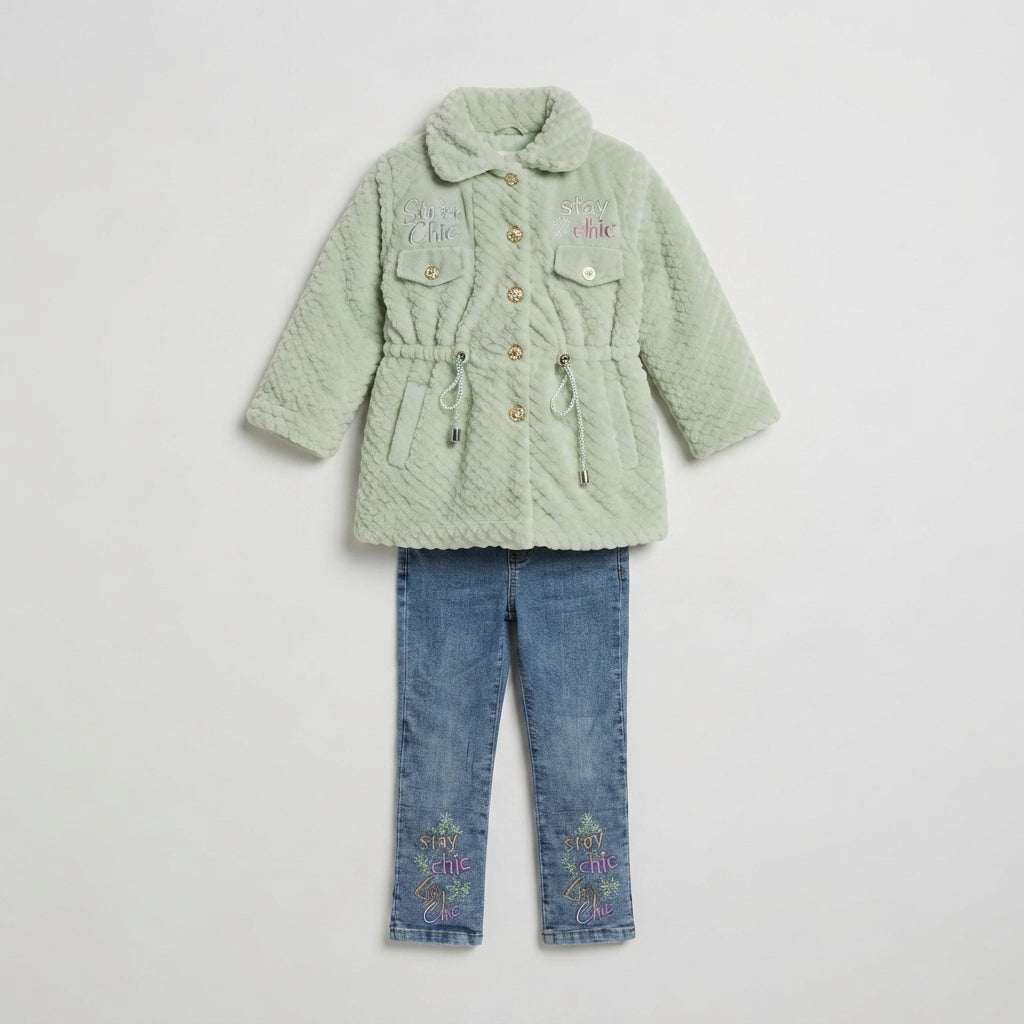 Girls Mint Green Faux Fur Coat Set — Photo 2