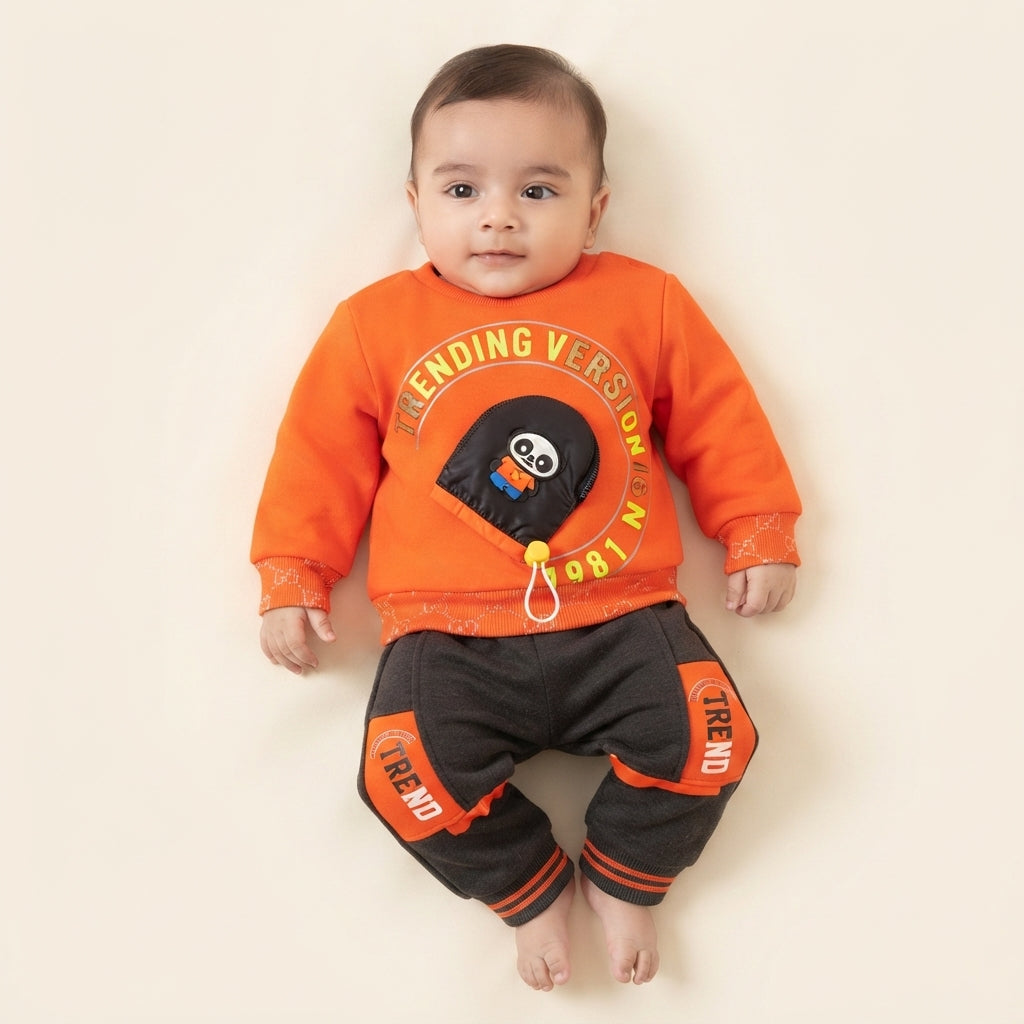 Premium Baby Boy Fleece Two-Piece Suit – Vibrant Orange & Charcoal Grey Set with Panda Accent (0–3 Months)