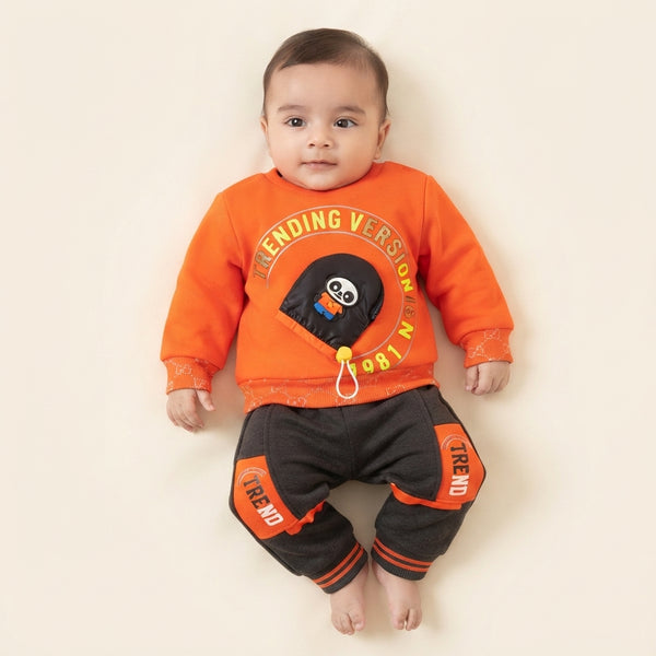 Premium Baby Boy Fleece Two-Piece Suit – Vibrant Orange & Charcoal Grey Set with Panda Accent (0–3 Months)